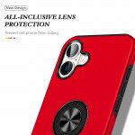 Wholesale Flat Ring Dual Layer Armor Hybrid Stand Case with Metal Plate for iPhone 16 Plus (Red)