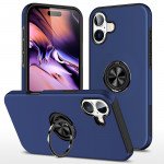 Wholesale Flat Ring Dual Layer Armor Hybrid Stand Case with Metal Plate for iPhone 16 Plus (Navy Blue)