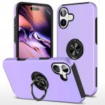 Wholesale Flat Ring Dual Layer Armor Hybrid Stand Case with Metal Plate for iPhone 16 Plus (Purple)