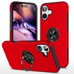 Wholesale Flat Ring Dual Layer Armor Hybrid Stand Case with Metal Plate for iPhone 16 Plus (Red)