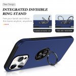 Wholesale Flat Ring Dual Layer Armor Hybrid Stand Case with Metal Plate for iPhone 16 Pro (Navy Blue)