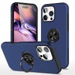 Wholesale Flat Ring Dual Layer Armor Hybrid Stand Case with Metal Plate for iPhone 16 Pro Max (Navy Blue)