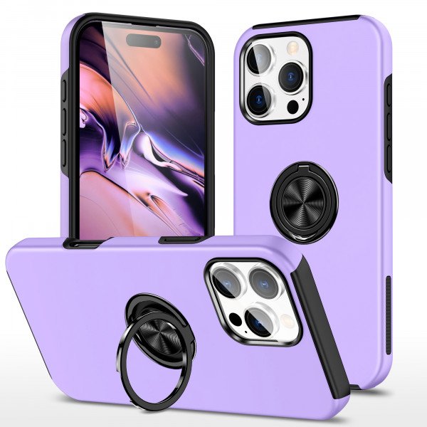 Wholesale Flat Ring Dual Layer Armor Hybrid Stand Case with Metal Plate for iPhone 16 Pro Max (Purple)