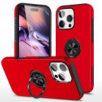 Wholesale Flat Ring Dual Layer Armor Hybrid Stand Case with Metal Plate for iPhone 16 Pro (Red)